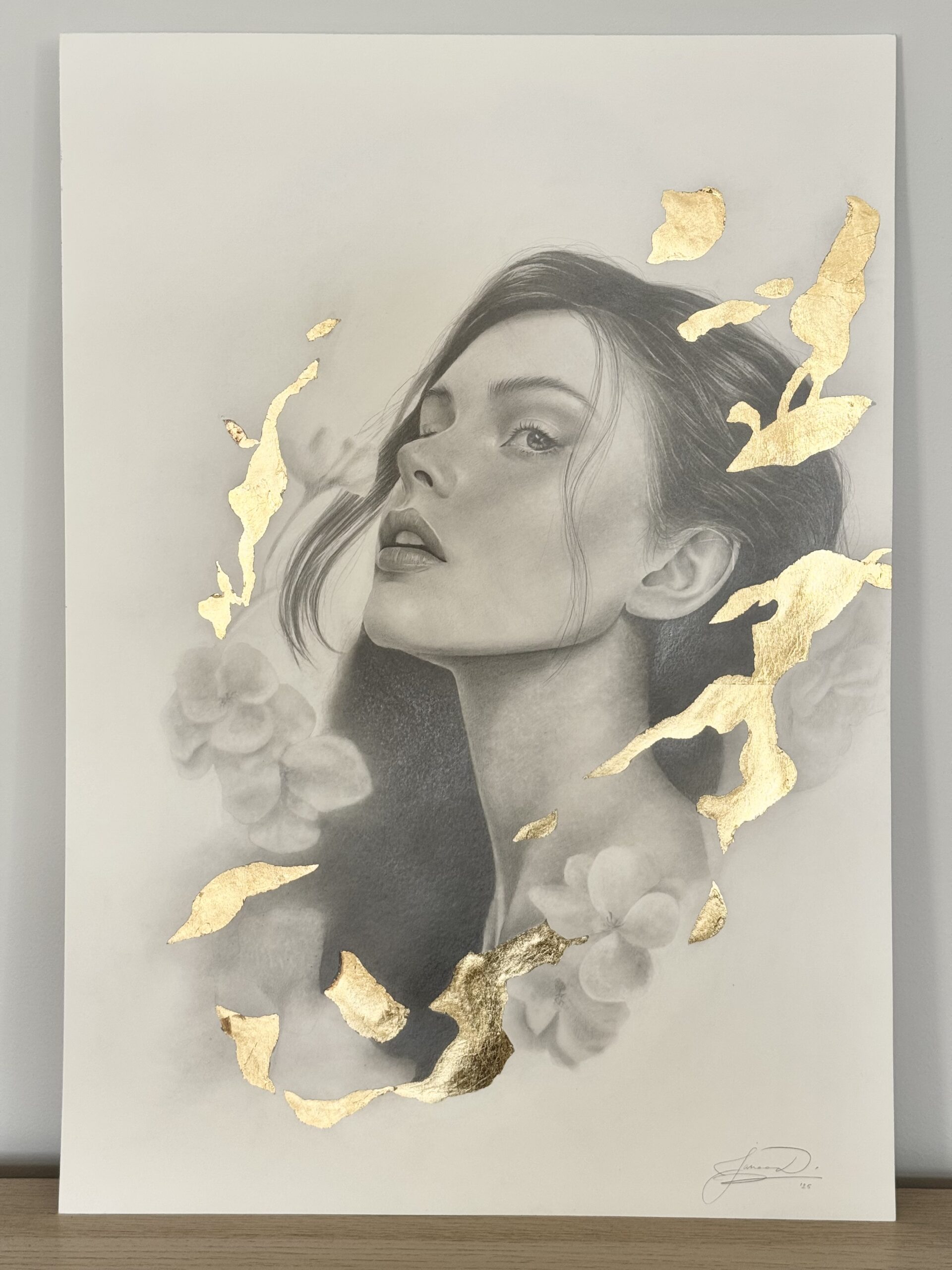 Bloomed in Light, graphite and gold leaf on paper by Diana Jarnea, portrait with hydrangea