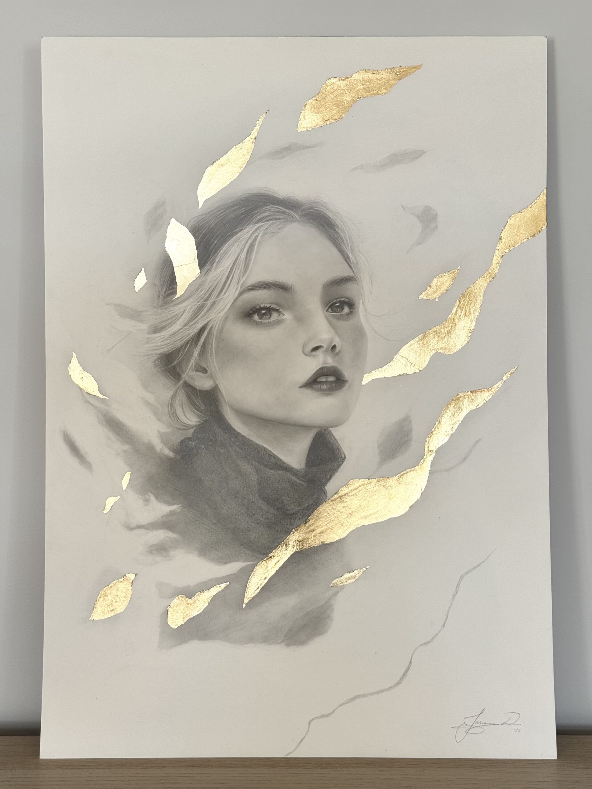 The Golden Gaze, graphite and gold leaf on paper by Diana Jarnea, portrait of a blonde woman