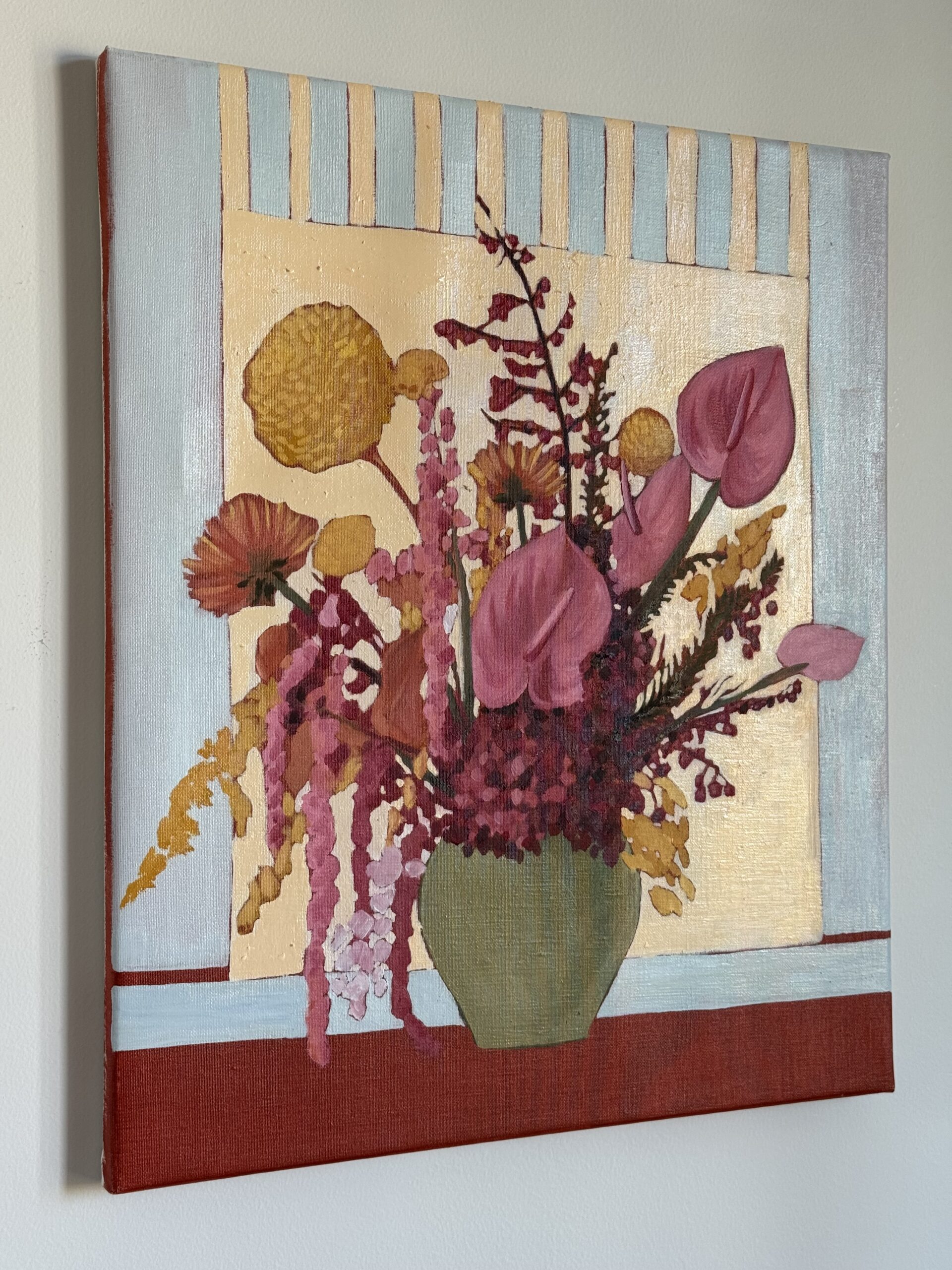 The green vase, oil on linen still life by Diana Jarnea, hung on a wall