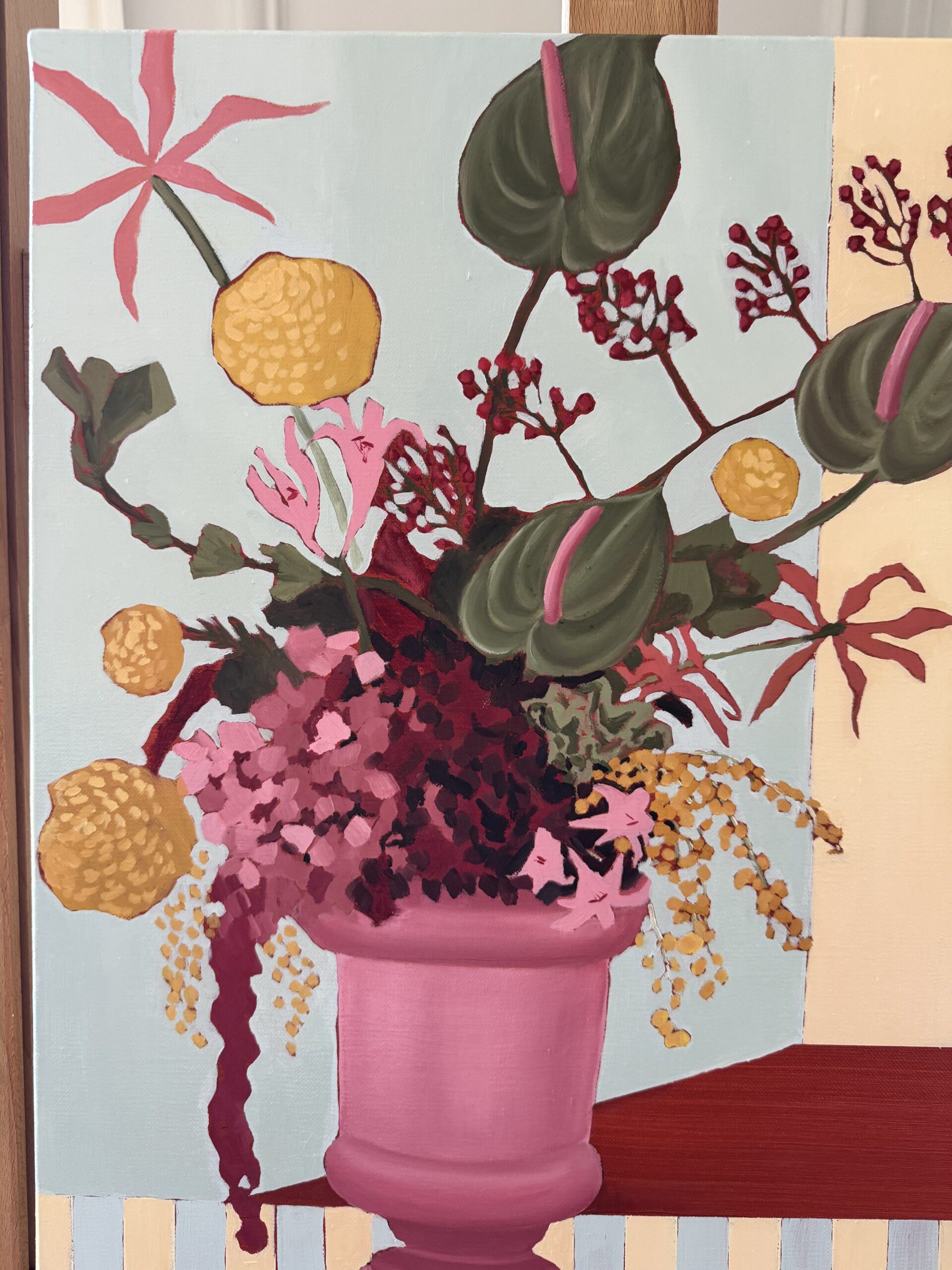 The pink vase, oil on linen still life by Diana Jarnea, pink urn with hydrangea and anthurium